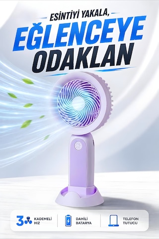 Şarjlı Taşınabilir Mini El Fanı 3 Kademeli Hız Ayarlı Telefon Standlı Vantilatör Mor