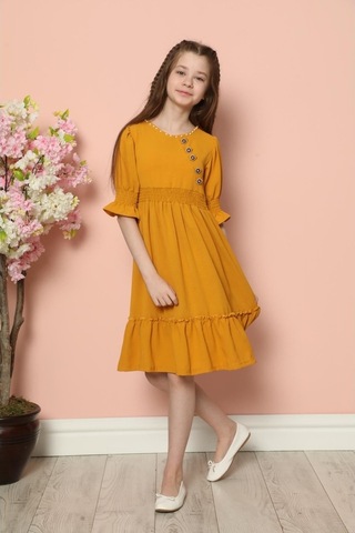 Aymeravm - Yaka Incili Düğme Detaylı Kız Çocuk Elbise - Als14... (545626213) Sarı