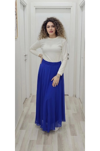 Bel Lastikli Kloş Şifon Etek 6003-saks Saks