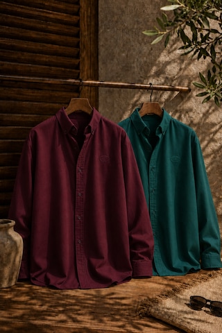 Respire Erkek Minimal Baskılı Oversize Dokulu Gömlek 2'li Set Bordo-zümrüt Turkuaz