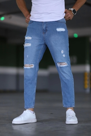 Erkek Boyfiend Yırtıklı Mavi Kot Pantolon Mavi