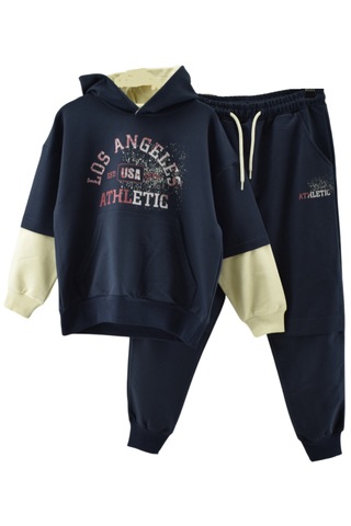 Erkek Çocuk Athletic Yazılı Kapüşonlu Kanguru Cepli Lacivert Renk Eşofman Takımı Lacivert