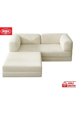 Herev 180x180 Cm 50 Dns Modüler Köşe Koltuk Fitilli Kadife Kumaş, Yatak Olabilen, Modern Tasarım Şark Köşe Krem