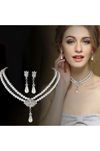 2 Adet Lüks Zarif İnci Kolye Küpe Seti Gelin Düğün Takısı Moda Mizaç Düğün Elbisesi Aksesuarları Gümüş