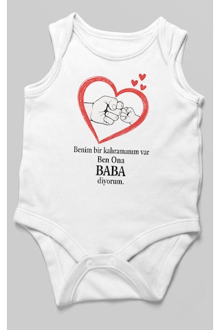 Benim Bir Kahramanım Varc Ben Ona Baba Diyorum Baskılı Bebek Zıbını Çıtçıtlı Body Sıfır Kol Beyaz