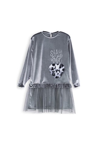 Denokids Leopar Cepli Kız Çocuk Gri Kadife Elbise Renkli