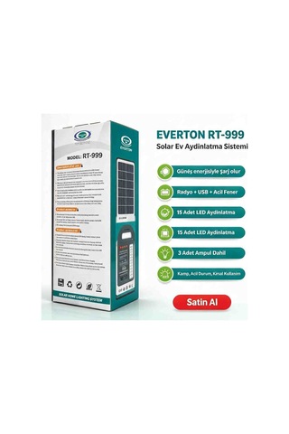 Everton Rt 999 Güneş Enerjili Solar Aydınlatma Seti Radyolu Usb Şarjlı Led Fenerli 3 Ampullü