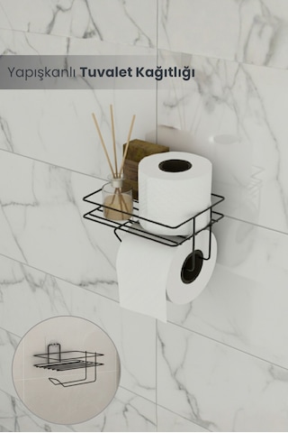 Yapışkanlı Siyah Tuvalet Kağıtlığı Metal Tuvalet Kağıdı Askısı Siyah