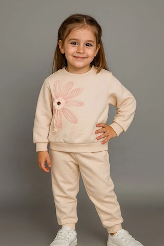 Büyük Çiçek Nakışlı %100 Pamuk 2 Li Çocuk Eşofman Takımı Bej
