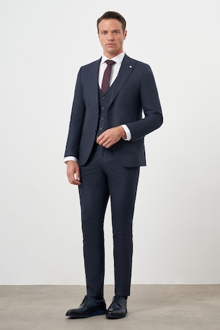 Morven Erkek Lacivert Poliviskon Trend Yelekli Çizgili Desen Slim Fit Sivri Yaka Takım Elbise Lacivert