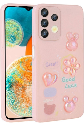 Samsung Uyumlu Galaxy A13 4g Kılıf Kabartma Figürlü Parlak Zore Toys Silikon Kapak Pembe