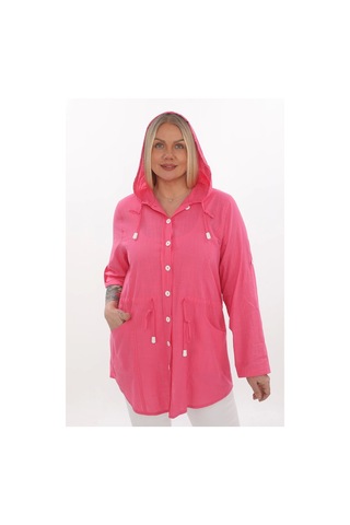 Lady Majestic Cotton Büyük Beden Kapüşonlu Mevsimlik Ceket - Fuşya
