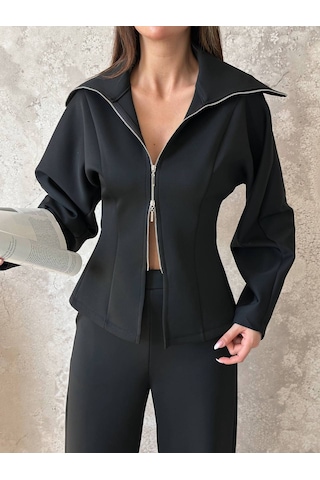 Hopıan Kadın Siyah Yarım Fermuarlı Dik Yaka Crop Sweatshirt Siyah - Siyah