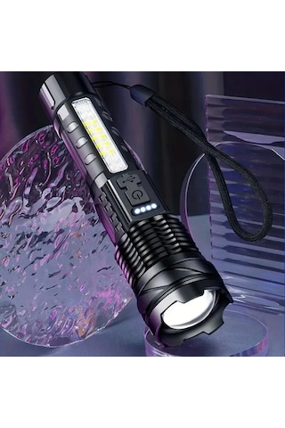 Valkyrie Şarjlı 7 Modlu Ultra Güçlü Led El Feneri Çakarlı Çok Fonksiyonlu Zoom 1500mah Siyah