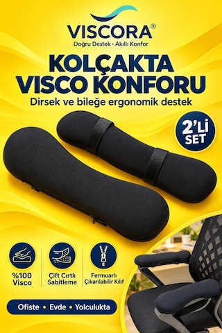 Visco Kolçak Destek Pedi 2 Li Ofis Koltuğu İçin Cırtlı Dirsek Ve Bilek Destek Minderi Siyah
