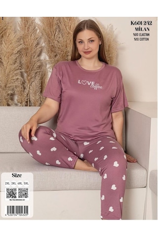 Charme Kadın Büyük Beden Bisiklet Yaka Milan Likralı Kısa Kol Pijama Takımı K601/242 - 1 Adet Gülkurusu