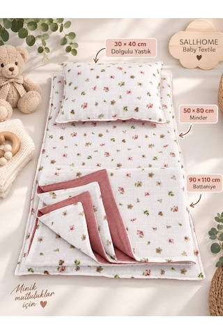 Sallhome Baby Gül Kurusu Çiçek Desenli Müslin 3'lü Bebek Alt Açma Seti Minder - Battaniye ve Yastık
