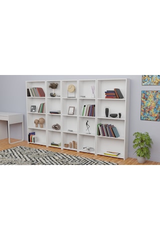 5 Raflı Kitaplık Seti 3 Dar 2 Geniş Raf Kütüphane 170 Cm Beyaz