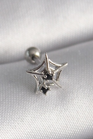 Bay 316l Çelik Gümüş Renk Siyah Zirkon Taş Detay Örümcek Ağ Model Tragus Piercing Najmaddin Standart
