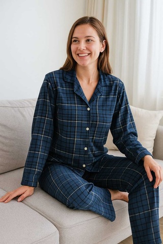 Tenra Kadın Pijama Takımı Boydan Düğmeli Süet Kareli Desenli Lacivert