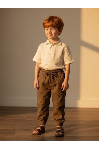 Zekids Erkek Çocuk Bağcıklı Rahat Kesim Günlük Şık Pantolon-17200 Kahverengi