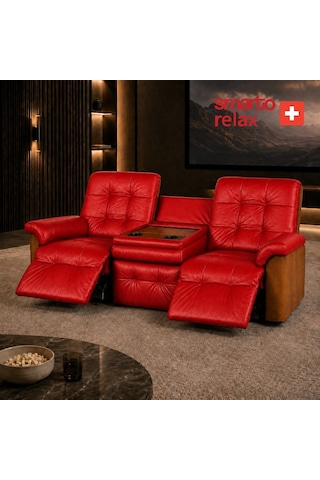 Smarto Relax Berlin 3 Lü Orta Konsollu Bardaklıklı Yatar Ayak Uzatmalı Ergonomik Deri Sinema Tv Koltuğu Kırmızı