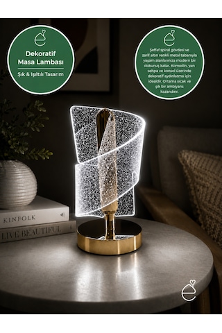 Evonıta Dekoratif Led Masa Lambası Spiral Tasarım Şeffaf Işıklı Abajur Gold Tabanlı Modern Gece Lambası Beyaz