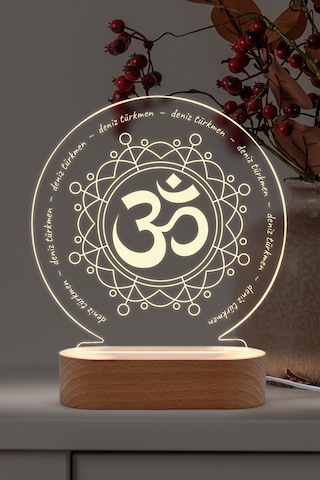 Yoga Om Sembollü Kişiye Özel Ledli Gece Lambası Masif Ahşap Tabanlı Usb Kablolu Pleksi Led Gece Lambası
