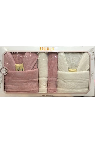 Durul Kadife Jakarlı Pamuklu 8 Parça Aile Bornoz Seti Pudra