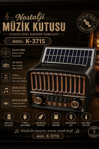 Güneş Enerjili Nostaljik Radyo Şarjlı Bluetooth Hoparlör Taşınabilir Retro Tasarım K-371s