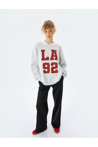 Koton Oversize Kolej Baskılı Polo Yaka Sweatshirt Kar Melanj 5sal10518ık Gri Melanj