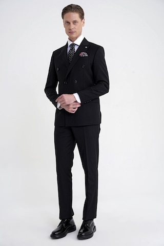 Efor Slim Fit Çift Yırtmaç %95 Pamuk Siyah Çizgili Kruvaze Takım Elbise Tk 945