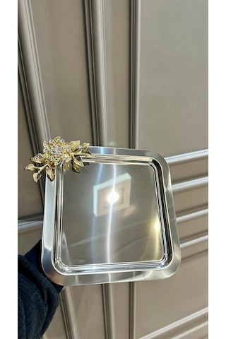 6 Lı Kare Kahve Çay Tek Kişilik Metal Sunum Tepsi Gümüş