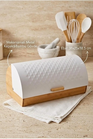 Bambu Gövdeli Beyaz Pane Ekmek Dolabı 38x25x18.5 Cm - Mekanizmalı Metal Kapaklı Ekmeklik