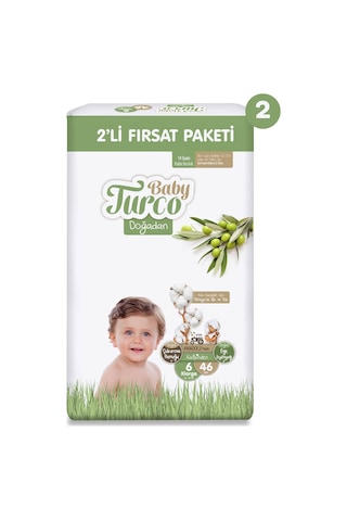 Baby Turco Doğadan 2'li Ekonomik Fırsat Paketi Bebek Bezi 6 Numara 92 Adet 2'li