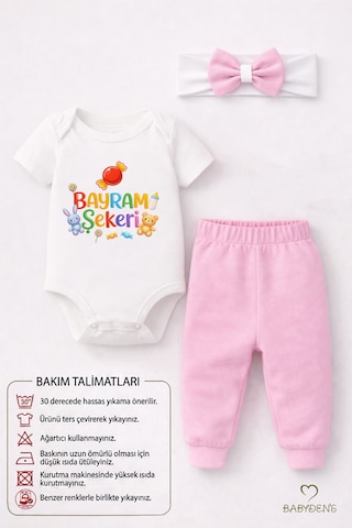 Babyden's Kız Bebek Bayramlık 3'lü Takım Bayram Şekeri Baskılı Body Pantolon Fiyonk Saç Bandı Kombini Pembe