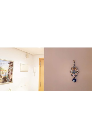 İlyasoğlu Hamsa Lazer Kesim Tahta Renkli Desenli Duvar Süsü Cam Nazarlık Sallantılı Tahta Model 3 26x10cm