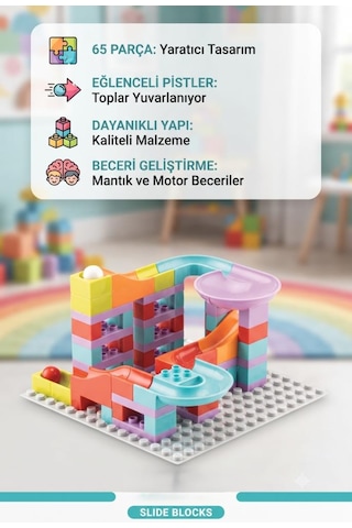 Slide Blocks 65 Parça Parkuru Top Kaydırağı Ve Blok Birleştirme Eğitici Beceri Geliştirme Seti