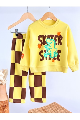 Elzo Collection Erkek Çocuk Sarı Yazı Ve Figür Baskılı Sweatshirt Damalı 3iplik Eşofman Alt Üst Takım Çok Renkli