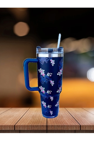 Pipetli 1,2 Litre Kulplu Çelik Termos Renkli - Lacivert Lacivert