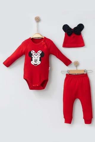 Veraura Lifestyle Mickey Desenli Şapkalı 3'lü Erkek Bebek Takımı Kırmızı