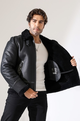 M M Marki Marki Erkek Hakiki Deri Mont, Siyah, Pilot Model, İçi Kürklü, 70 Cm, Fermuarlı