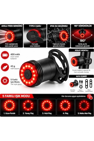 Luve Store Akıllı Bisiklet Arka Stop Lambası Fren Sensörlü Type-c Şarjlı Ipx6 Suya Dayanıklı 5 Modlu Led Işık Siyah