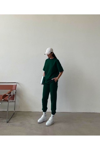Movement T-shirt Eşofman Altı Jogger- Baskılı Alt Üst Eşofman Takım Oversize Bisiklet Yaka Yeşil