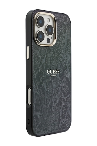 Apple Uyumlu iPhone 16 Pro Max Kılıf Guess Lisanslı M-safe Özellikli Yazı Logolu Python Desenli Kapak Siyah