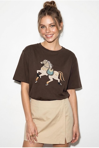 Shade Kadın Figürlü Nakış Ve Boncuk Detaylı Oversize T-shirt 2222 60286121 - Kahverengi