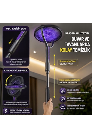 Polham 105 Cm Uzatılabilir Elektrikli Sinek Öldürücü Raket, Şarjlı 2800v Yüksek Voltajlı, 360 Dönebilen Başlıklı Sinek Öldürücü 1 Adet