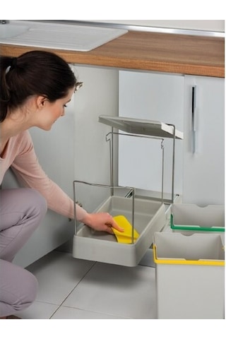 Pelikan Carrier Raylı Çift Bölmeli Dolap İçi Çöp Kovası 14 + 14 Gri