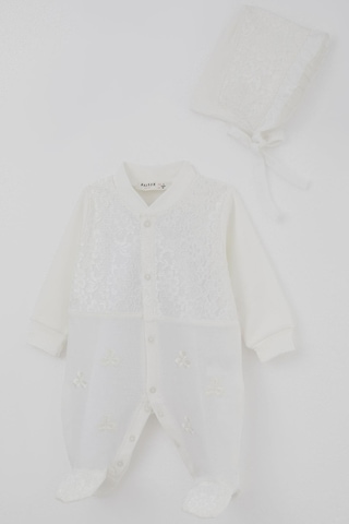 Breeze Kız Bebek Patikli Tulum Dantel Detaylı Çiçek Nakışlı 0-6 Ay, Ekru Ekru