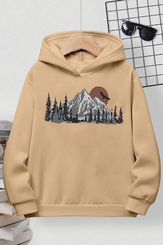 Mountain Baskılı Erkek - Kız Çocuk Rahat Kalıp Sweatshirt Bej